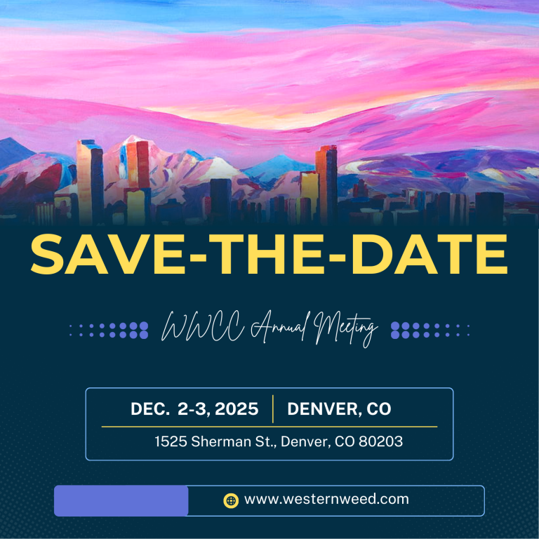 Save the Date card for the 2025 WWCC Annual Meeting. On the top half of the card is a watercolor-style painting of the Denver skyline and mountains in the background. The primary color is pink. On the bottom half of the graphic, the background is navy. Across the center of the graphic is the yellow, all-caps text, "Save-the-Date." Underneath that, the text "WWCC Annual Meeting" is in white cursive. Below that is the text, "Dec. 2-3, 2025. Denver, CO. 1525 Sherman St., Denver, CO 80203." At the very bottom of the graphic is the website's url, www.westernweed.com.