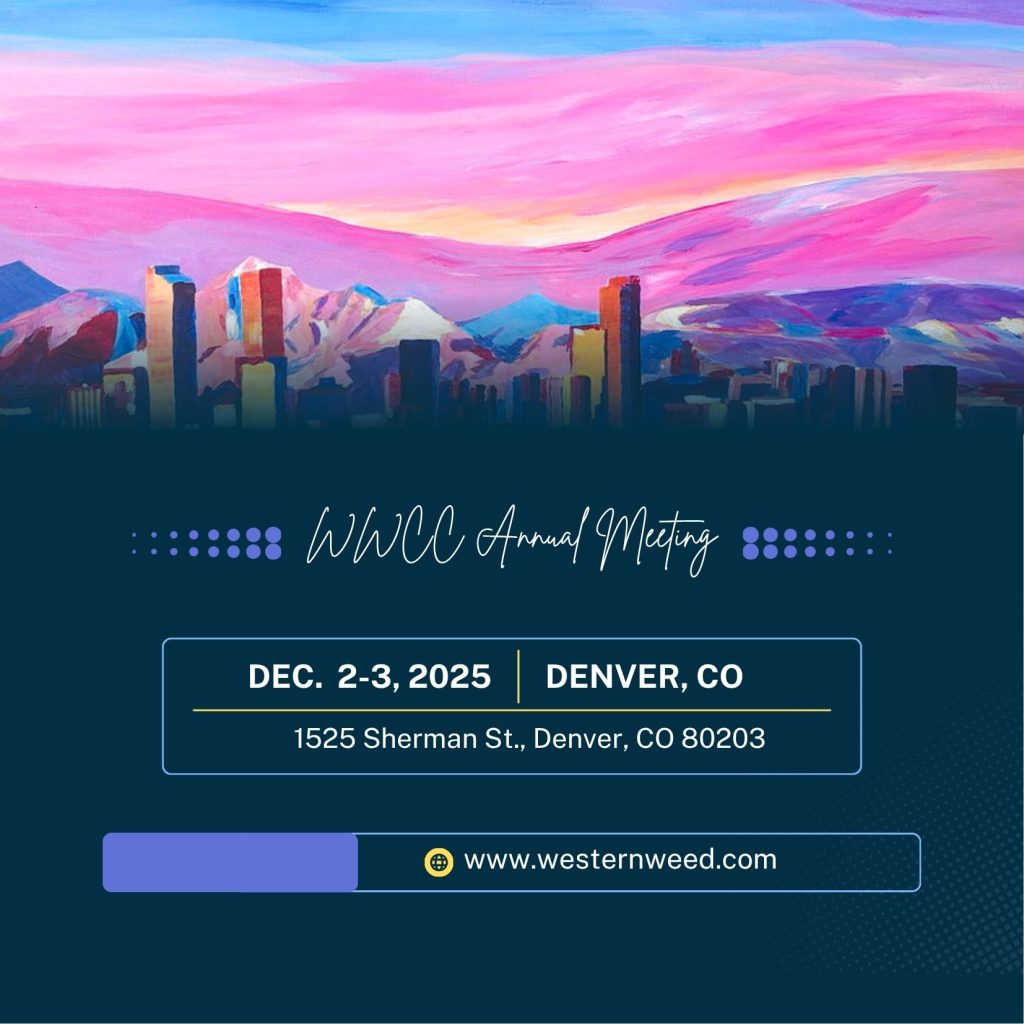 Save the Date card for the 2025 WWCC Annual Meeting. On the top half of the card is a watercolor-style painting of the Denver skyline and mountains in the background. The primary color is pink. On the bottom half of the graphic, the background is navy. The text "WWCC Annual Meeting" is in white cursive. Below that is the text, "Dec. 2-3, 2025. Denver, CO. 1525 Sherman St., Denver, CO 80203." At the very bottom of the graphic is the website's url, www.westernweed.com.